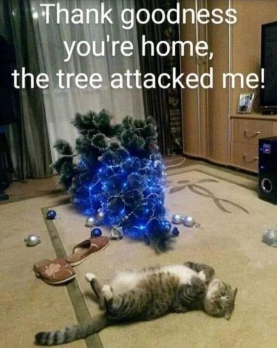 Katt ligger på rygg bredvid omkullvält julgran med bollar utspridda, inomhusmiljö, humoristisk text.