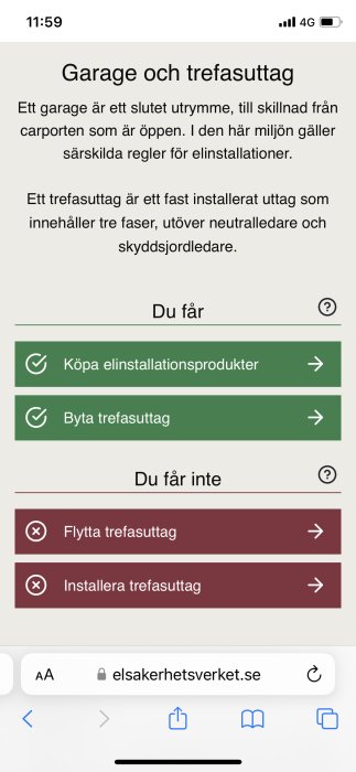 Webbsida med information om elinstallation: garage, trefasuttag, vad man får och inte får göra.