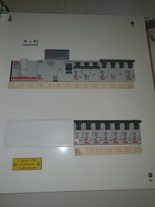Elcentral med säkringar, jordfelsbrytare, och etiketter för installationer, i ett hem eller kontor.