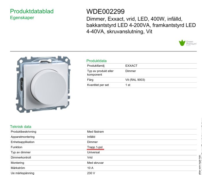 Produktdatablad för en vit Exxact dimmer, infälld, LED-kompatibel, skruvanslutning, 400W.