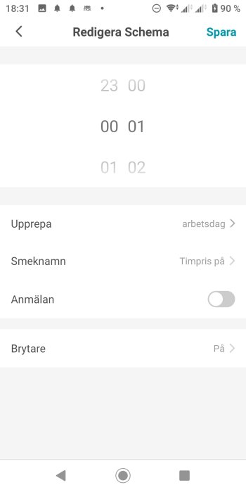 Skärmdump på mobil, redigerar schema-app, 23:00 start, återkommande, smeknamn, notiser och brytare är synliga.