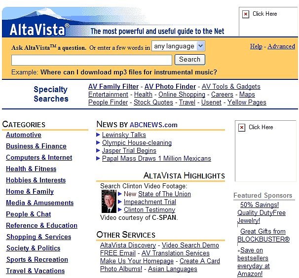 Skärmdump av gammal sökmotorsajt AltaVista, med kategorier, sökfält, och nyhetslänkar från ABCNEWS.