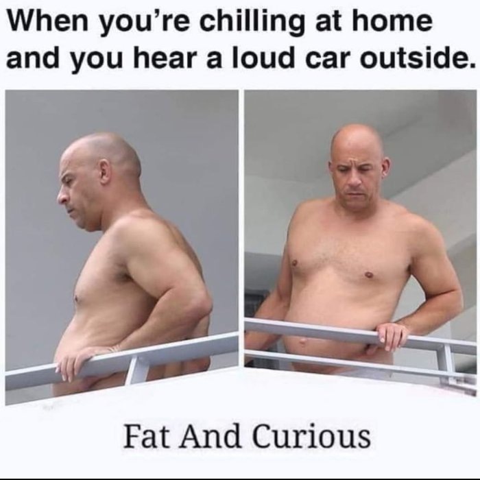 Man tittar från balkong, reagerar på högt biljud, humoristiskt ordspel, "Fat And Curious".