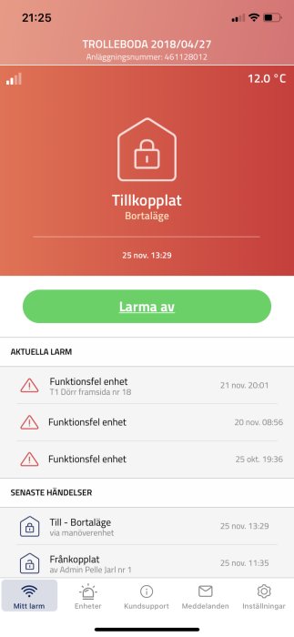 Skärmavbild av säkerhetssystemsapp med larmaktivitet, temperaturvisning och enhetsfel.