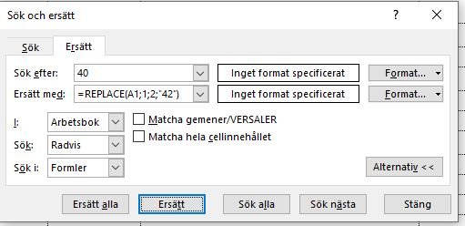 Fönster för "Sök och ersätt" i ett kalkylprogram med formulär och alternativ visas.