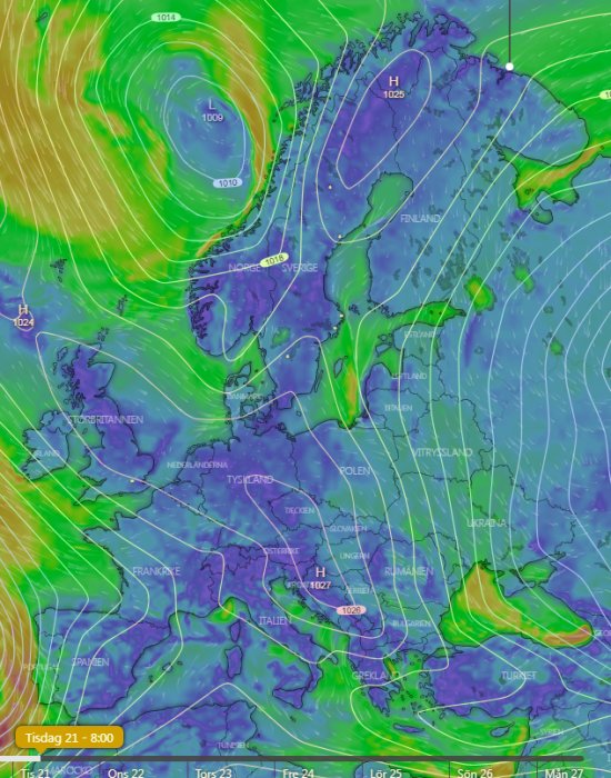 Väderkarta över Europa som visar isobarer, högtryck och lågtryck med vindmönster och temperaturgradienter.