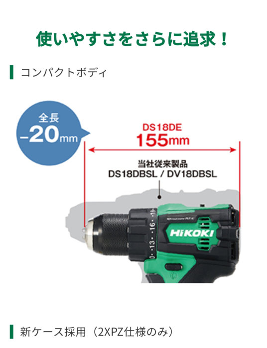 Elektrisk borrskruvdragare, grönt och svart, märke Hitachi/Hikoki, jämförelse av storlek, japanska tecken, tekniska specifikationer.