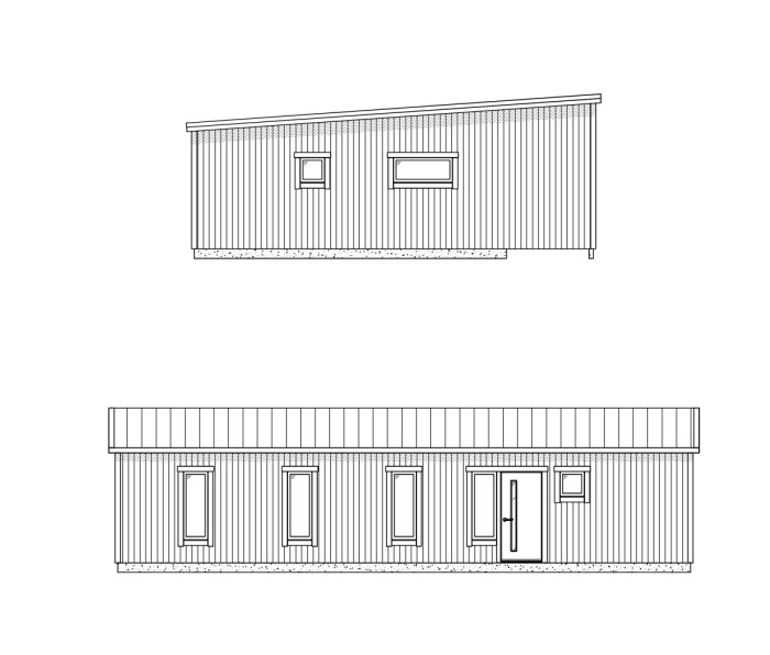 Tekniska ritningar av en enkel byggnad, två vyer: sido- och framsida, med dörrar och fönster.
