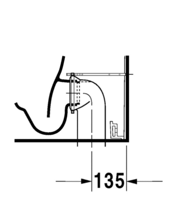 Teknisk ritning av ett avloppssystem med måttangivelser; sannolikt för en toalett- eller badrumsinstallation.