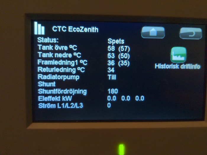 Digital displaypanel för värmesystem, visar temperaturer, pumpstatus och effektanvändning på svenska, mörk bakgrund.