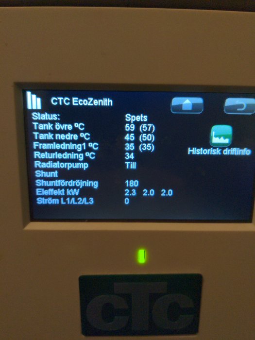 Display för värmesystem, CTC EcoZenith, temperatur- och effektinformation, en grön lysdiod indikerar funktion.