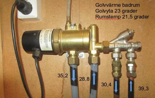 Värmesystem, golvvärme i badrum, temperaturangivelser på rör, termostat, kablar, teknisk installation på en vägg.