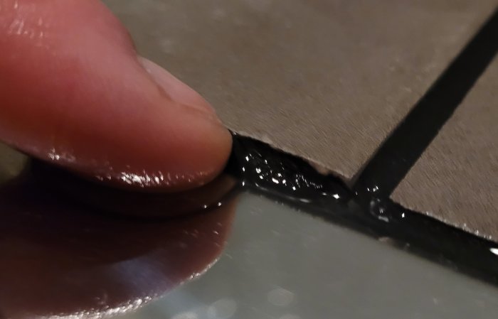 Ett finger trycker på en surfplatta eller smartphone-skärm med synlig reflektion och ljus i bakgrunden.