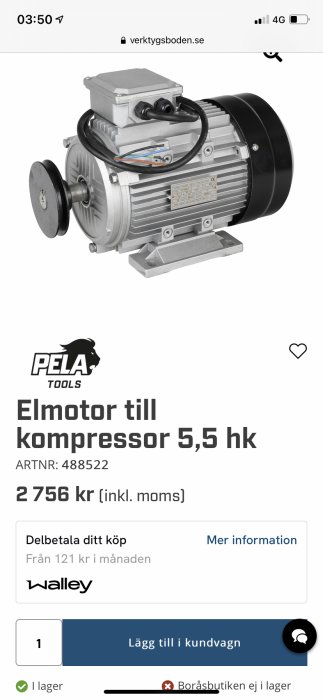 Elmotor till kompressor, 5,5 hk, grå, svart, onlinebutik, prisinformation, lagerstatus, köpknapp.