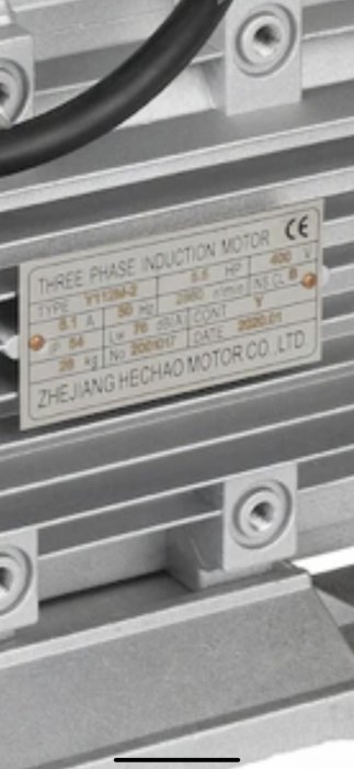 Elmotor, induktion, trefas, märkskylt, tekniska specifikationer, metall, grå, kablar, Zhejiang Hechao Motor.