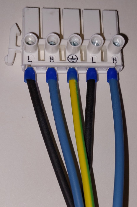 Elkoppling med flera kablar i en kopplingsplint. Svart, vit, gul, blå och brun färg. Märkt med L, N och jord.