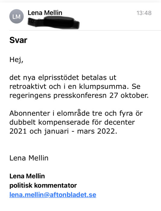 E-postmeddelande, info om elprisstöd, retroaktiv utbetalning, presskonferens nämnd, politisk kommentator.