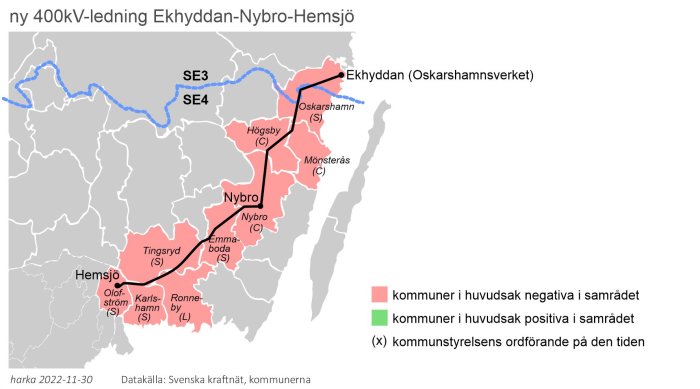 Karta visar planerad 400kV kraftledning i Sverige, kommuner färgade efter inställning till projektet.