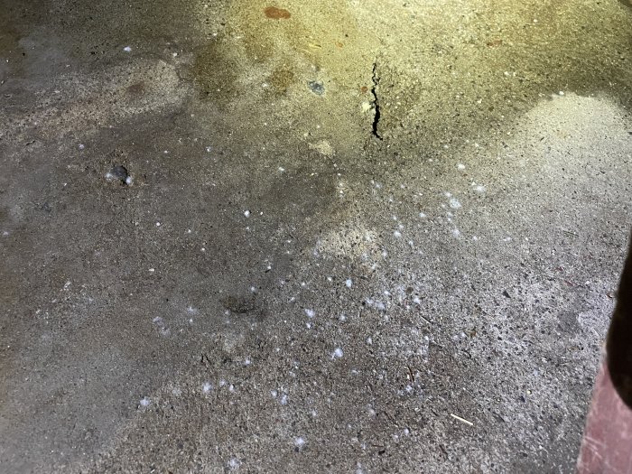 Smutsig betonggolv med spricka, oljefläckar, och vita fläckar, möjligen salt eller kemikalier.