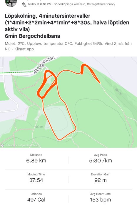 Löpträning, intervaller, kartspår, statistik - distans, tid, kalorier, tempo, höjning, hjärtfrekvens. Löpskolning, 4-minutersintervaller, halva löptiden aktiv vila, kyligt väder.