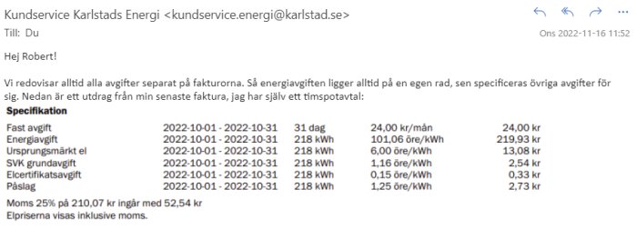 E-post från Karlstads Energi om elräkning med specifikation för avgifter och förbrukad elenergi.