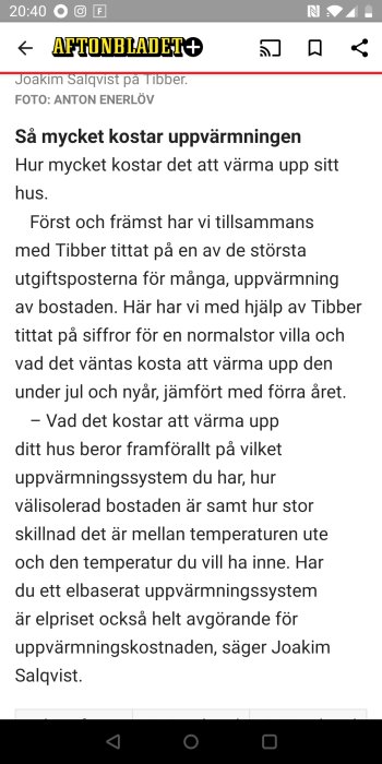 Skärmdump från Aftonbladet, artikel om kostnad för uppvärmning av hus.