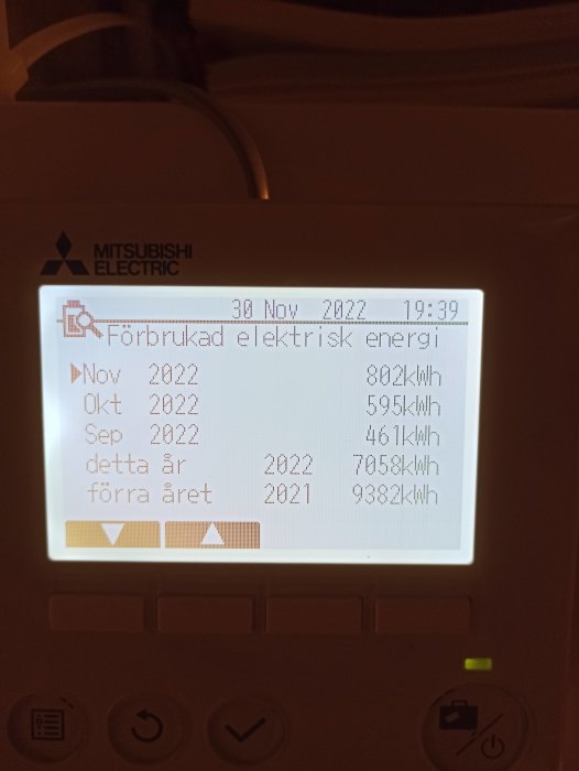 Display visar elförbrukning från Mitsubishi Electric-enhet med datum och knappar.
