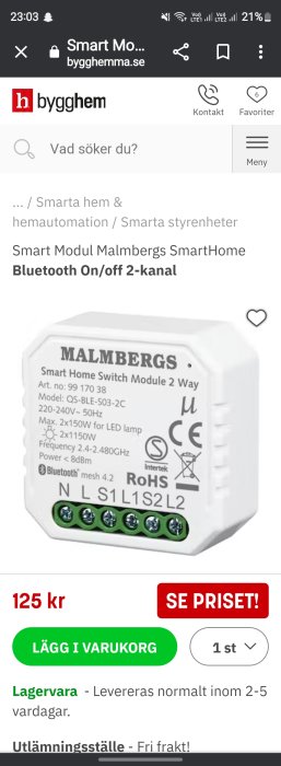 En skärmdump från en webbutik visar en smart hem-styrenhet med Bluetooth för 125 kr.