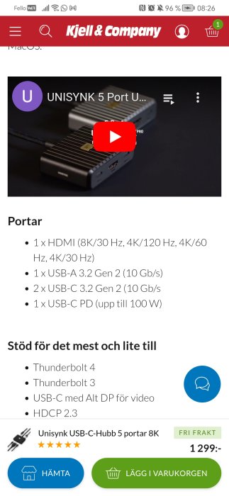 Skärmdump från webbsida, visar USB-C-hubb, anslutningsportar, kompatibilitet, och prisinformation.