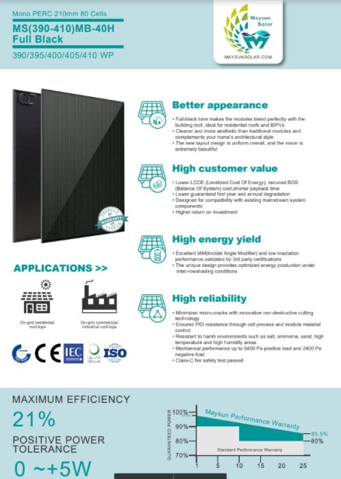 Informationsblad för solpanel MS(390-410)MB-40H Full Black, listar fördelar, applikationer och garantier.