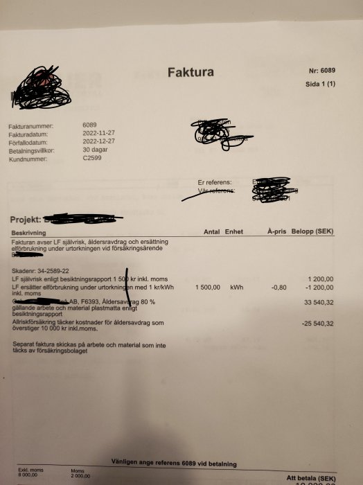 Faktura på svenska, detaljer överstrukna, handlar om försäkringsärende, avser elförbrukning, belopp i SEK.