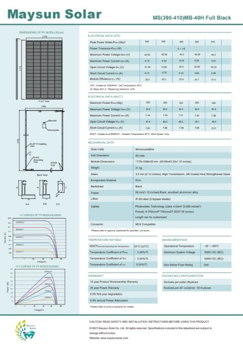 Datablad för Maysun Solars svarta solpanel: specifikationer, mått, eldata och prestandadiagram.