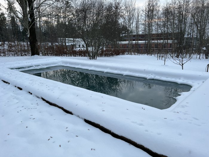 Vinterlandskap med snötäckt pool, spegelblank is, träd och byggnad i bakgrunden.