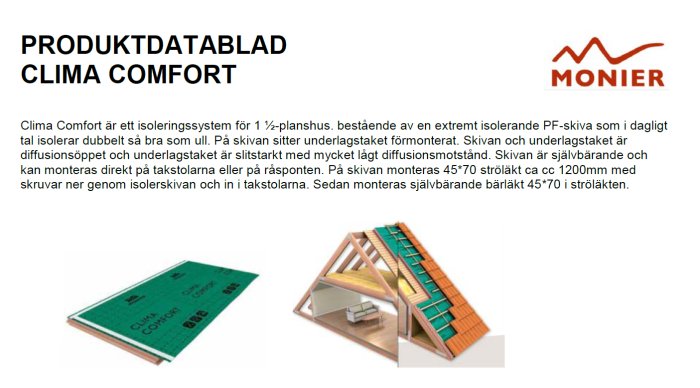 Produktdatablad för Clima Comfort isoleringssystem, illustration av installation, informationstext, Monier logotyp.