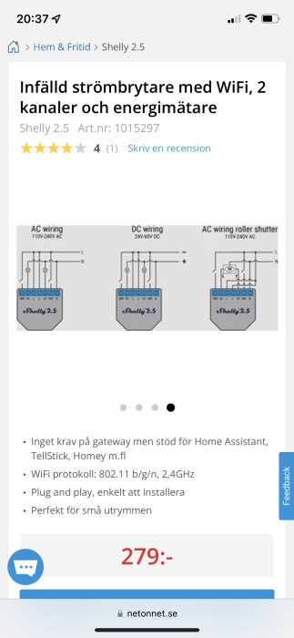 Produktsida för infälld strömbrytare med WiFi, två kanaler och energimätning, Shelly 2.5, pris 279 kronor.