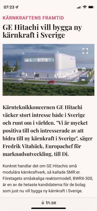 Artikel om GE Hitachis avsikt att bygga ny kärnkraft i Sverige, visas en illustration av anläggning.