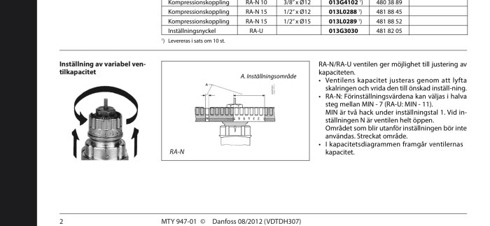 Teknisk dokumentation för justering av värmeventil, diagram, text på svenska, Danfoss produktinformation.