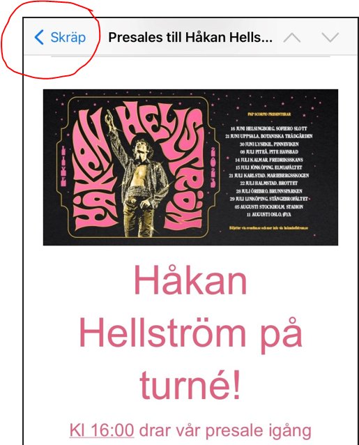 Reklam för Håkan Hellströms turné, biljettpresale, datum, prisinformation, returpil och skärmknapp markerad.