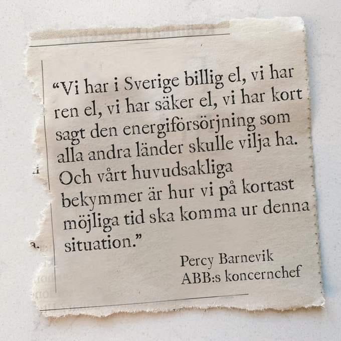 Ett urklipp med citat om Sveriges el, säkerhet och energiförsörjning från ABB:s koncernchef, Percy Barnevik.