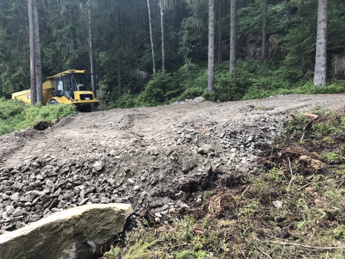 Skog, anläggningsmaskin, grusväg, stubbar, grävmaskin i arbete, sten och jord.