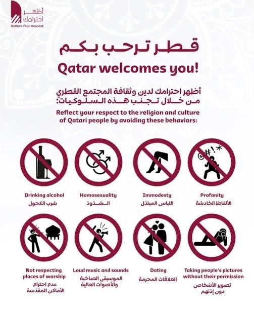 Informationsposter som uppmanar besökare att respektera Qatars normer genom att undvika specifika beteenden.