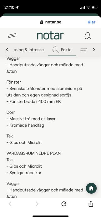 Skärmbild av en webbsida listande byggnadsdetaljer som väggar, fönster, dörrar, och takmaterial. Inga människor syns.