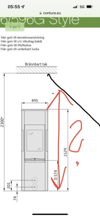 Teknisk ritning av kamin och skorstensanslutning med måttangivelser. Webbläsarfönster och skissanteckningar syns.