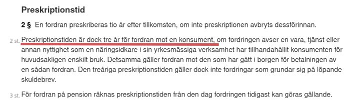 Svensk text om preskriptionstid för fordringar; tre till tio år, undantag nämns. juridiska termer.