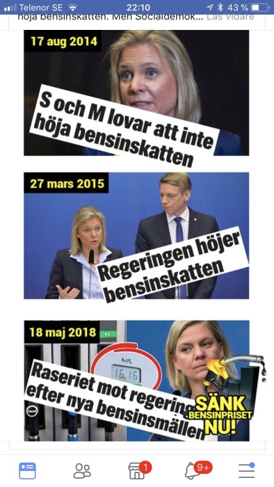 Bild på skärmdump visar kronologi, politiska löften och beslut om bensinskatt, samt folklig reaktion.