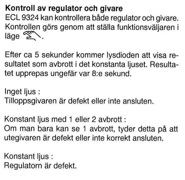 Instruktion för kontroll av regulator och givare med ljustest och dess betydelser för olika resultaten.