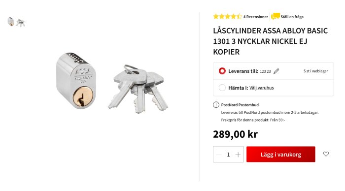 ASSA ABLOY låscylinder och nycklar till salu online för 289 kronor.