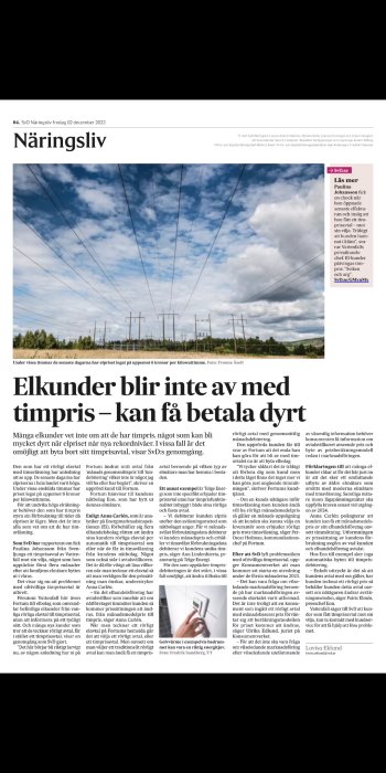 Svensk tidningsuppslag om elpriser med himmel och kraftledningar.