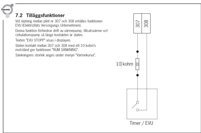 Instruktioner och elschema för värmesystems tilläggsfunktioner.