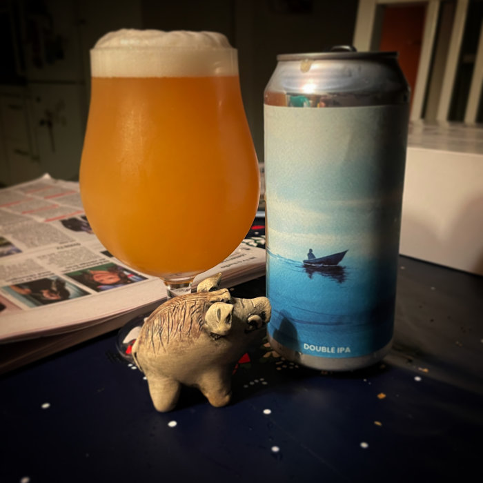Ölglas med skum, burk Double IPA, tidningar, figur av djur, bord med stjärnor.